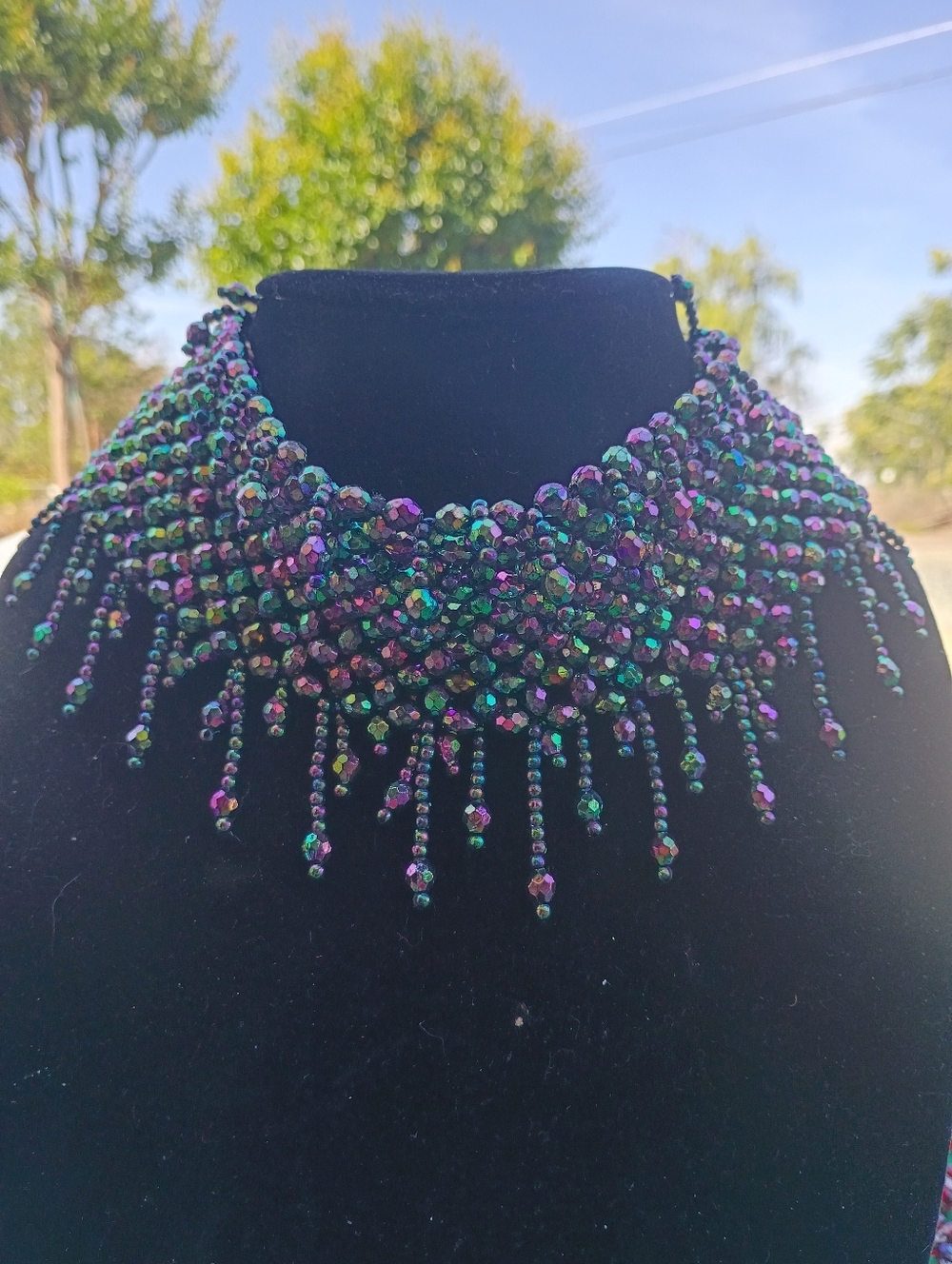 Betsey Johnson Iridescent Green-Purple Beaded Fringe Choker